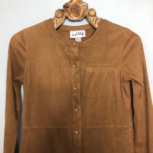Joseph Ribkoff Faux Suede Snap Button Front Mini Dress Tunic Long Sleeve Tan 2 - Picture 2 of 10